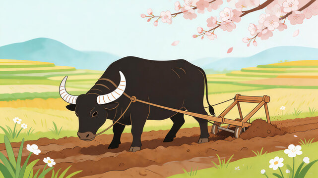 Spring farmland plowing cow illustration