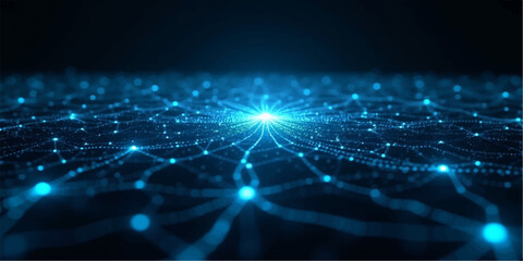 Fototapeta premium An abstract blue digital technology background featuring a glowing network of binary code and lines that create a science-inspired energy explosion across a cosmic globe design