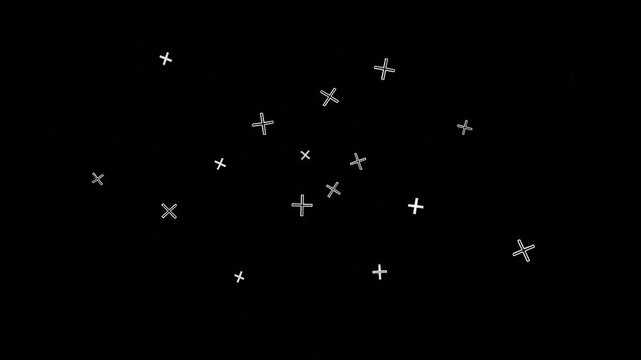 A black background with white plus signs and x's scattered across, creating a graphic effect with a sense of motion.