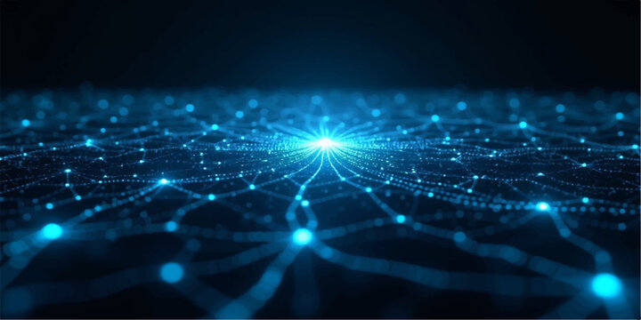 An abstract blue digital technology background featuring a glowing network of binary code and lines that create a science-inspired energy explosion across a cosmic globe design