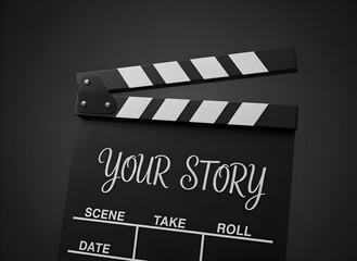 Obraz premium Black film clapboard with white chalk text reads your story. Used for movie production and video creation. A symbol of filmmaking and storytelling. Film Production & Storytelling