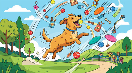 Obraz premium Happy golden retriever playing with various toys in a vibrant park setting, surrounded by flying objects and excited people