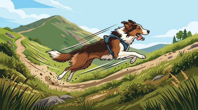 Energetic dog running with harness through scenic mountainous trail in vibrant vector illustration