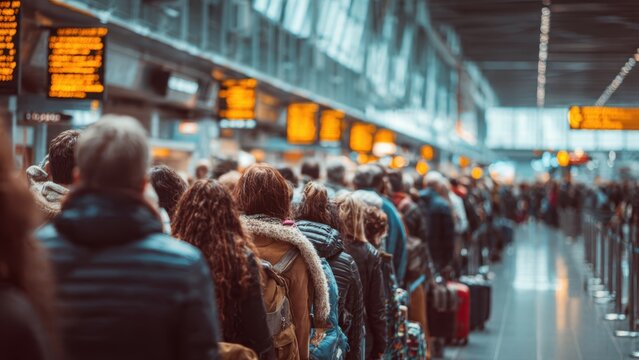 People waiting in a long queue at an airport terminal with blurred information boards