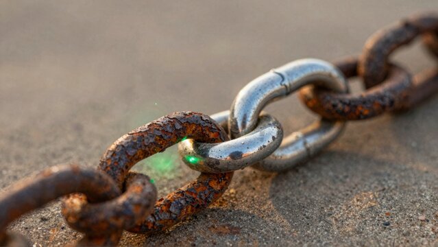 Polished Silver Link in Rusty Metal Chain on Concrete
