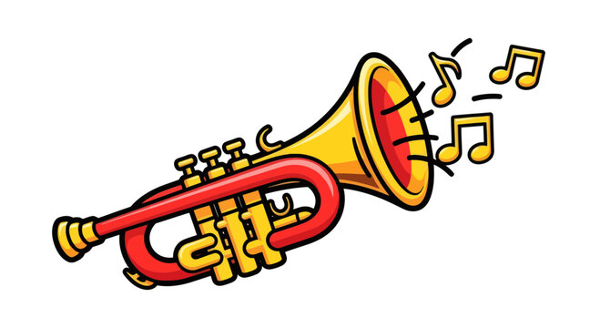 Cartoon Trumpet with Musical Notes, Brass Instrument Illustration