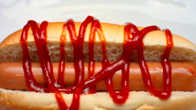 hot dog close-up as ketchup drizzles in zigzag pattern while camera descends, highlighting texture and condiment application for fast food visuals, snack concepts, and street food presentation