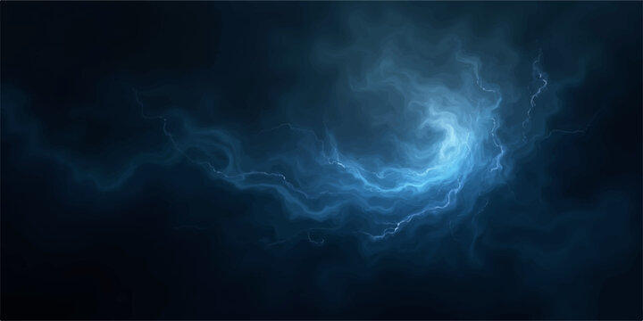 A powerful blue lightning bolt strikes through a dark storm cloudscape, creating a textured explosion of light against the foggy black night sky