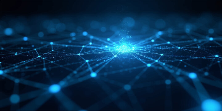 Abstract blue technology background with glowing fiber optic lights and flowing digital wave patterns representing energy, network, and modern science design