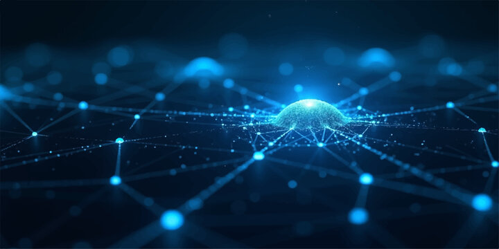 An abstract blue technology background features a digital network pattern with light lines and fractal wave elements to create a sense of motion and scientific energy