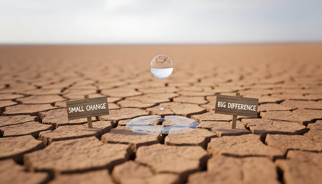 One water drop falls onto cracked dry earth between cards labeled small change and big difference. Liquid creates small puddle, showing growth effect conservation concept. Environmental Conservation 