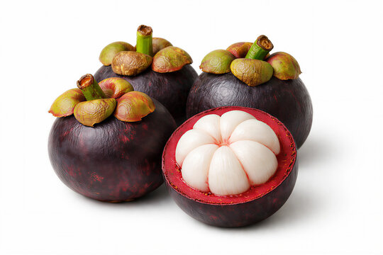 mangosteen fruits with one open showing juicy segments isolated background