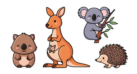 Cute Australian Animals Collection: Kangaroo, Koala, Wombat, Hedgehog © gedang