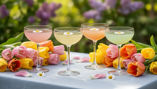 Spring cocktails with floral garnishes sit on pastel table. Colorful tulips and daisies frame drinks, suggesting fresh and festive mood. Drinks are light colored. Vibrant Floral Cocktails, Celebration