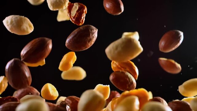 mixed nuts falling macro close-up as pieces rotate mid-air and pass lens, forming dynamic scatter against dark background, ideal for snack visuals, ingredient motion, and food texture presentations