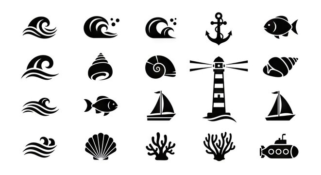 Oceanic icons set waves seashells lighthouse anchors boats and fish