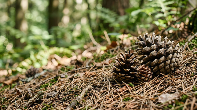 Three Pine Cones on Forest Floor, Three pine cones of different sizes&mdash;large, medium, and small&mdash;resting on a bed of dry pine needles and moss in a sunlit forest.