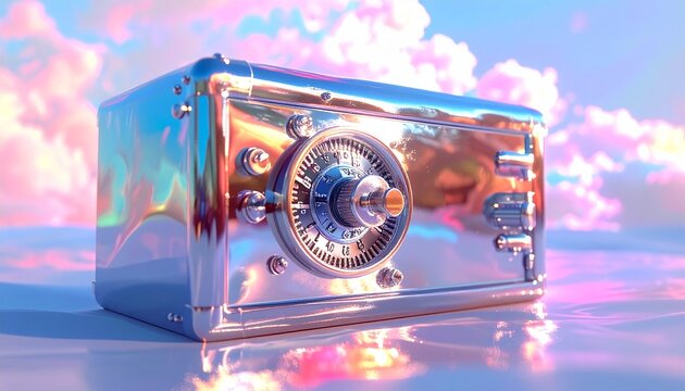 Iridescent Safe Box Against a Dreamy Sky - A Surreal Security Concept.