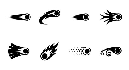 Set of Falling Comet and Meteor Silhouettes, Vector Fireball and Shooting Star Icons with Motion Trails © Ayesha