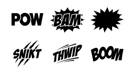 Comic Book Sound Effects Silhouette Set, Vector Onomatopoeia Icons with Action Bursts for Superhero and Pop Art Designs © Ayesha