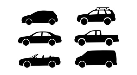 Set of Car Body Type Silhouettes - Hatchback, SUV, Sedan, Pickup Truck, Convertible, and Van Icons © MdFarhan