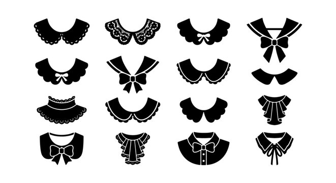 Set of Decorative Collar Silhouettes, Vintage Lace and Peter Pan Style Neckline Vector Icons for Fashion Design