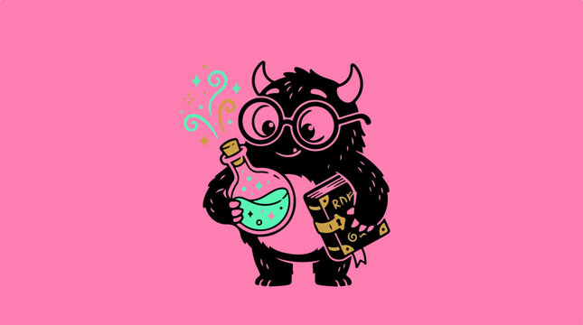 Cartoon monster holding beaker flask.