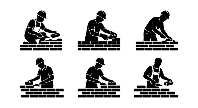 Bricklayer and Construction Worker Silhouette Set, Vector Masonry Icons for Building and Industrial Work Design