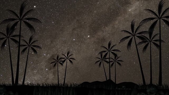 A mesmerizing milky way galaxy with twinkling stars, cinematic parallax effect of palm trees in tropical island at night, seamless loop footage.