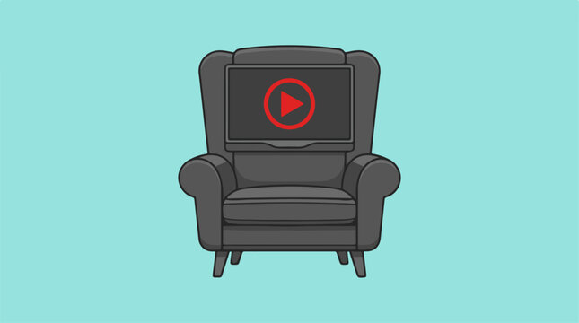 Gray recliner chair with red play button.