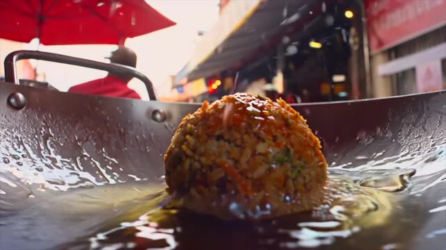 falafel ball drops into hot oil and instantly erupts in bubbles, capturing crisping surface, frying energy, and street food cooking process in a dynamic close-up scene