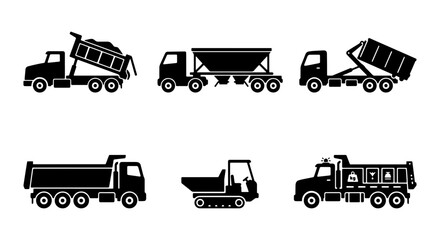 Dump Truck and Construction Vehicle Silhouette Set, Heavy Duty Tipper and Earthmoving Machinery Vector Icons © Rifat