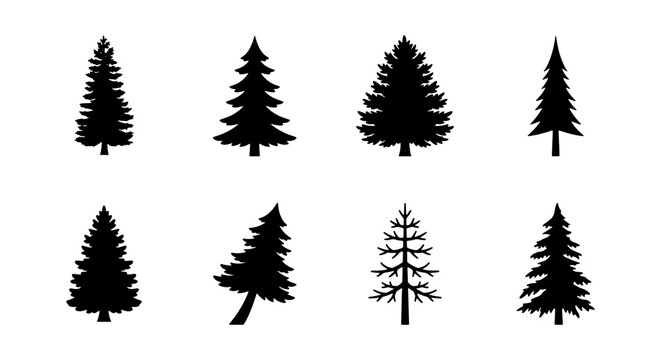 Coniferous Tree Silhouette Set, Evergreen Pine and Spruce Forest Vector Icons for Winter and Nature Designs