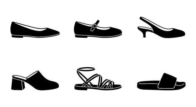 Vector Shoe Collection: Flat Shoes, Mary Janes, Slingbacks, Mules, Strappy Sandals, Slides. Black and White Fashion Footwear Icons for Style Guides and E-commerce.