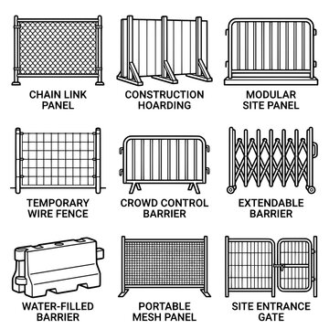 Various Construction Barriers and Fences for Safety and Security.