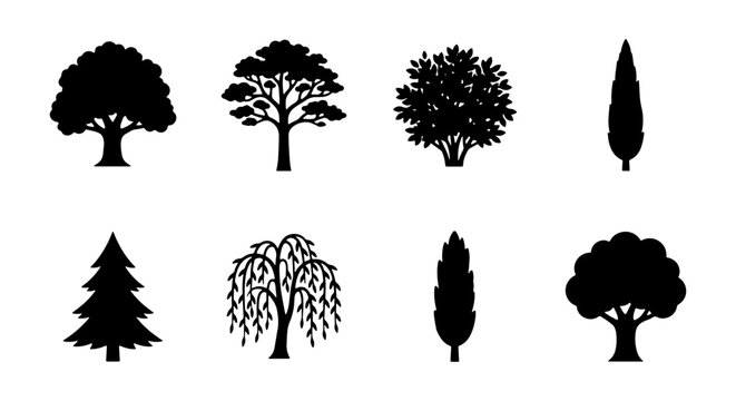 Diverse Black Tree Silhouette Collection, Minimalist Garden and Forest Plant Vector Icons Including Oak Pine and Willow