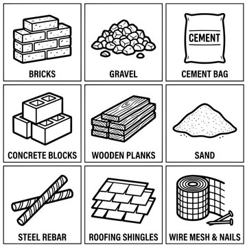 Construction Materials Including Bricks Gravel Cement Sand and Steel Rebar.