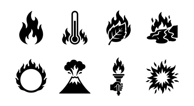Set of 8 Fire and Heat Icons, Vector Graphics for Danger, Energy, and Natural Phenomena Concepts