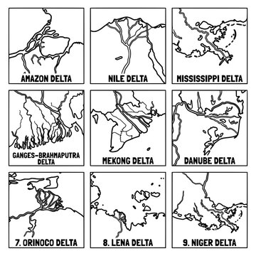 Diagrams of various river deltas around the world.