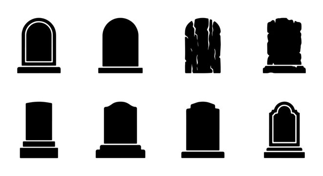 Grave Headstone Silhouettes, Cemetery Monuments Vector Icons Set, Gothic Memorial Stone Graphics, Halloween Tombstone Collection