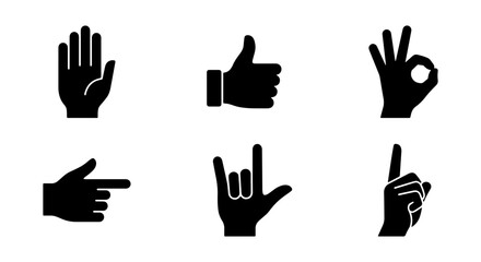 Obraz premium Set of 6 Black Hand Gestures Icons, Vector Graphics for Communication and Approval Symbols, Modern Flat Design