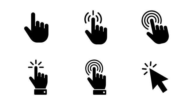 Set of 6 Black Hand Cursor Icons, Click Pointer Symbols, Digital Interaction Graphics, User Interface Elements, Web Design Assets, Touchscreen Gestures