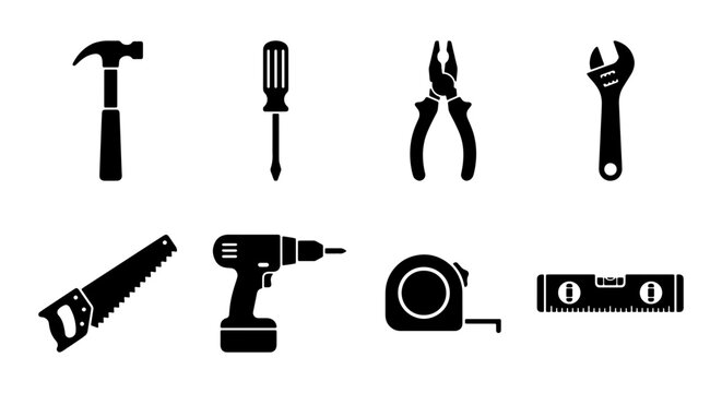 Essential Hand Tools and Power Tools Silhouette Set &ndash; Vector Icons for Construction, DIY, and Carpentry