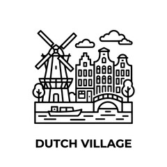 Fototapeta premium Dutch Village Windmill and Historic Buildings Illustration.