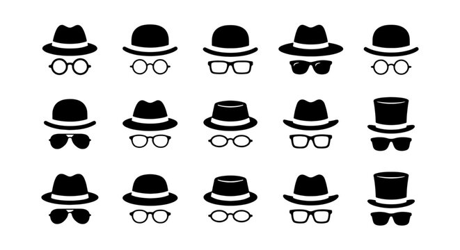 Incognito Character Icons Set &ndash; Minimalist Hat and Glasses Silhouettes for Privacy and Identity