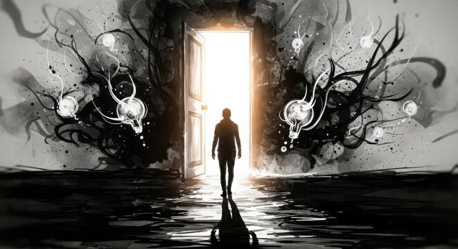Person walking towards bright open doorway, abstract dark background, hope