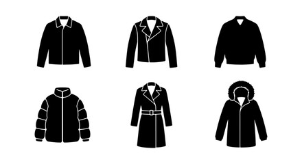 Vector Silhouette Set of Outerwear Icons Featuring Leather Jacket Bomber Parka Puffer Coat and Trench Coat © Sabiha