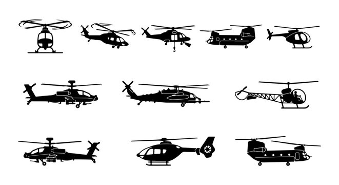 Large Collection of Helicopter Silhouettes Featuring Front and Side View Profiles of Military Attack Heavy Cargo Search and Rescue and Civilian Transport Aircraft for Aviation and Defense Design