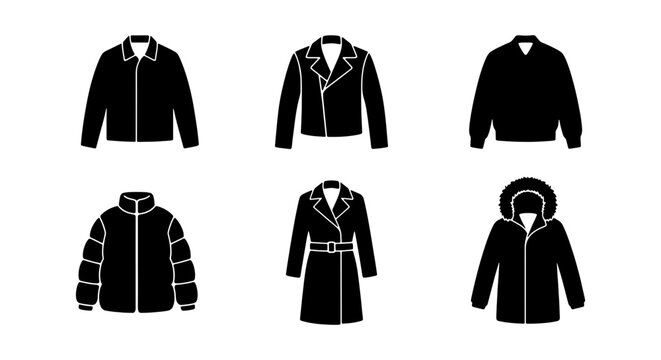 Vector Silhouette Set of Outerwear Icons Featuring Leather Jacket Bomber Parka Puffer Coat and Trench Coat
