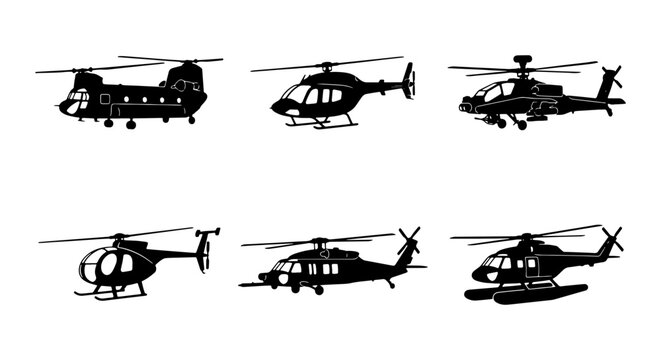 Set of Professional Helicopter Silhouettes Featuring Side View Profiles of Military Attack, Cargo, and Specialized Rescue Aircraft Including Black Hawk, Chinook, and Apache Icons for Aviation Design